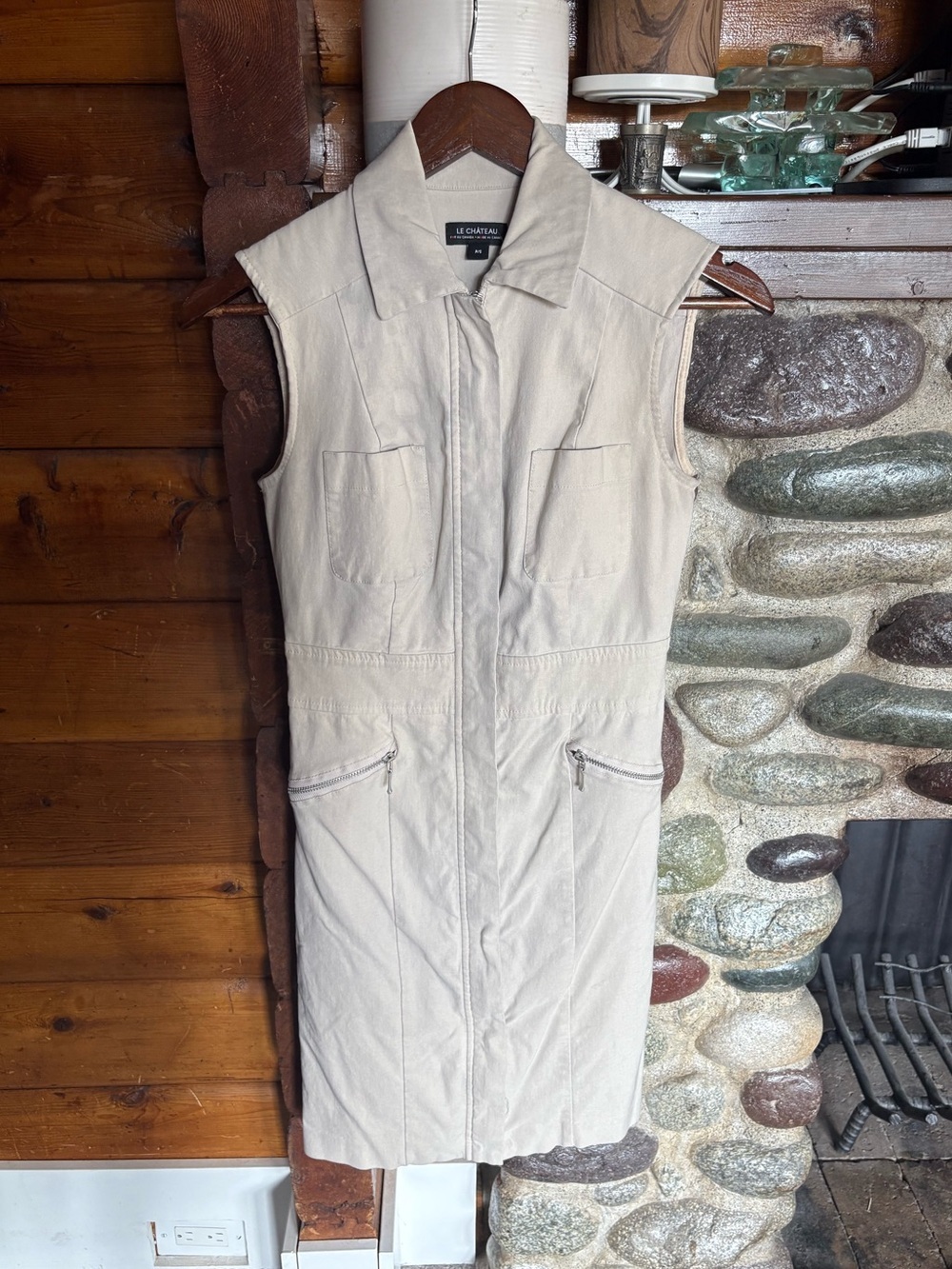 Le Château Y2K Safari Utility Zip Midi Dress Beige Made in Canada P/S
